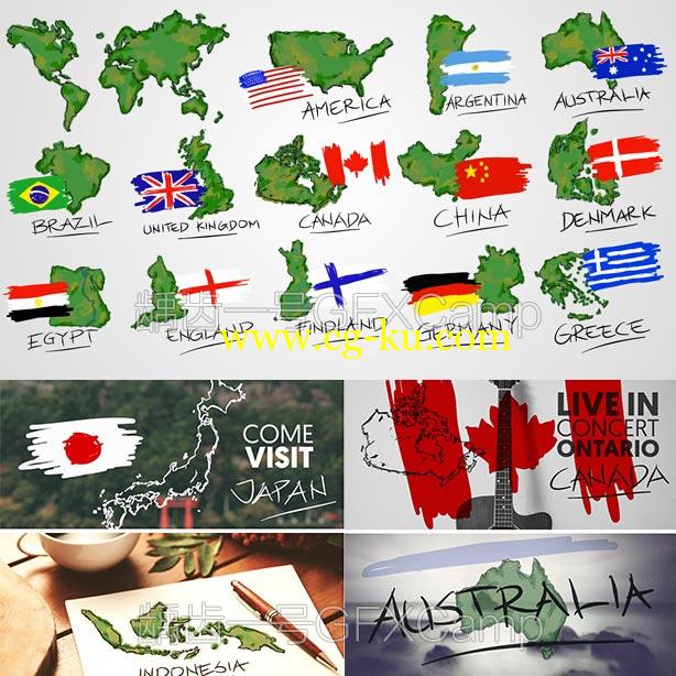 ﻿AE模板-世界地图各国国旗地点手绘效果旅游景点介绍4K动画的图片2