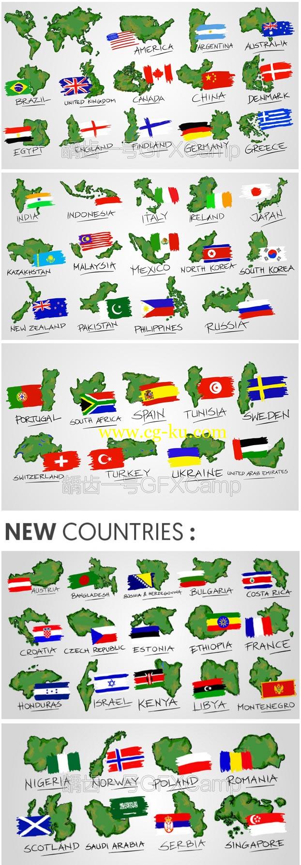 ﻿AE模板-世界地图各国国旗地点手绘效果旅游景点介绍4K动画的图片4