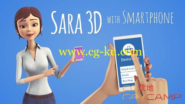 AE模板-三维女性角色手持手机展示动画 Sara 3D Character with Smartphone - Female Presenter for Mobile App的图片1