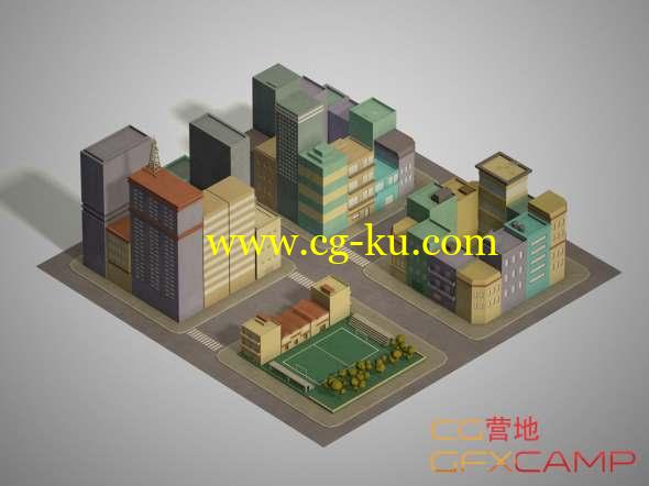 低多边形城市街区楼房3D模型 Cubebrush - LowPoly Pack of 4 City Blocks的图片1