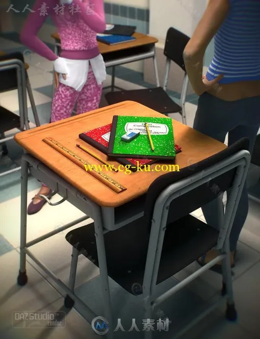 学校书桌和课堂学习用品3D模型合辑的图片1