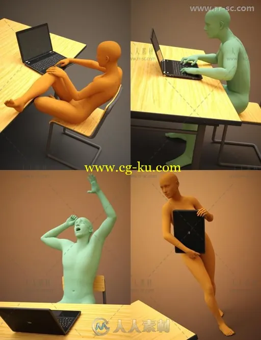 男性和女性使用笔记本电脑姿势3D模型合辑的图片3