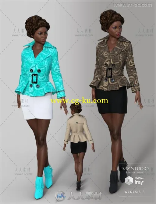 女性时尚职业的短风衣和裙子3D模型合辑的图片2