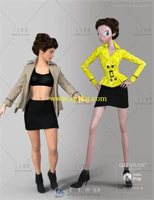 女性时尚职业的短风衣和裙子3D模型合辑的图片3