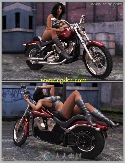 女性骑重型摩托车巡洋舰帅气性感的姿势3D模型合辑的图片6