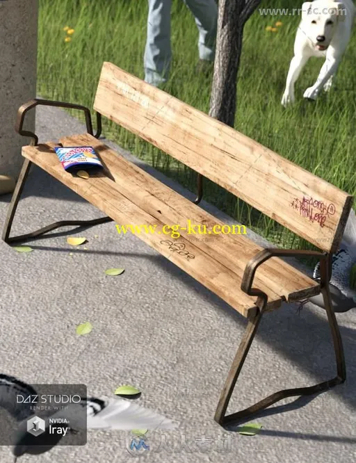 公园里的长椅白杨树和垃圾桶3D模型合辑的图片2