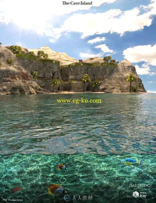 僻静岛屿瀑布山洞风景地形图3D模型的图片1