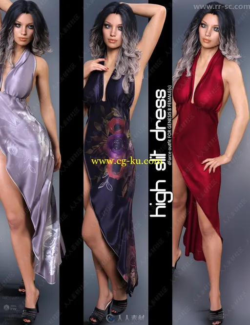 8种颜色图案性感露背女性连衣裙3D模型的图片1