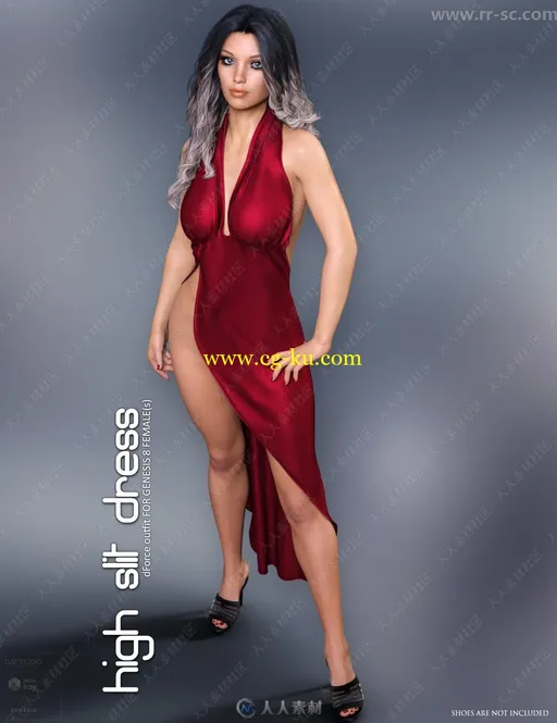 8种颜色图案性感露背女性连衣裙3D模型的图片2