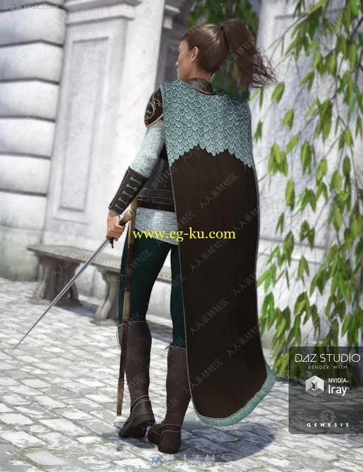 中世纪战斗女性皮革鳞片披风佩剑3D模型的图片3