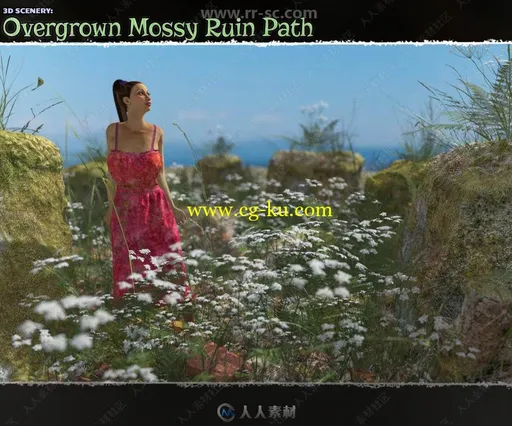 不同颜色女性吊带长裙与杂草丛生苔藓3D模型合集的图片1