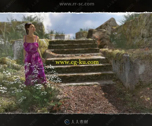 不同颜色女性吊带长裙与杂草丛生苔藓3D模型合集的图片2