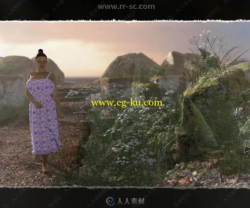 不同颜色女性吊带长裙与杂草丛生苔藓3D模型合集的图片3