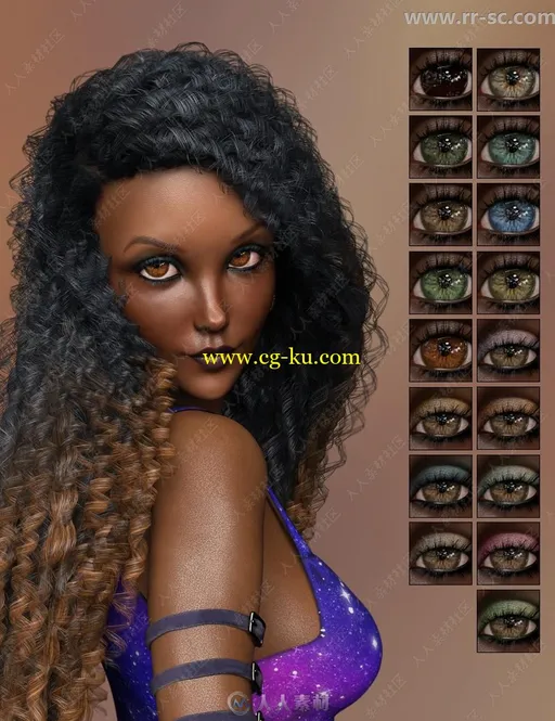 黑皮肤女性多种眼珠颜色精致妆容3D模型的图片2