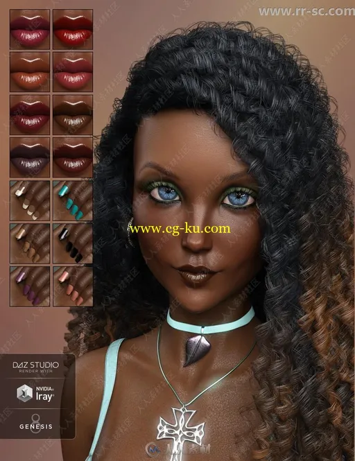 黑皮肤女性多种眼珠颜色精致妆容3D模型的图片3