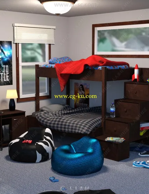 杂乱清洁对比男性青少年卧室室内设计3D模型合集的图片1