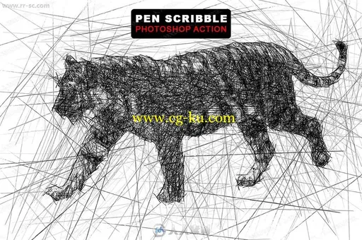 黑白色调钢笔直线涂鸦人像实物艺术特效PS动作的图片2
