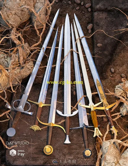 多种古老款式剑柄纹理3D模型的图片3