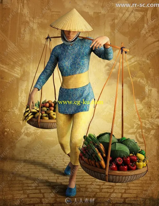 越南街头商贩水果蔬菜篮子与服装3D模型的图片1