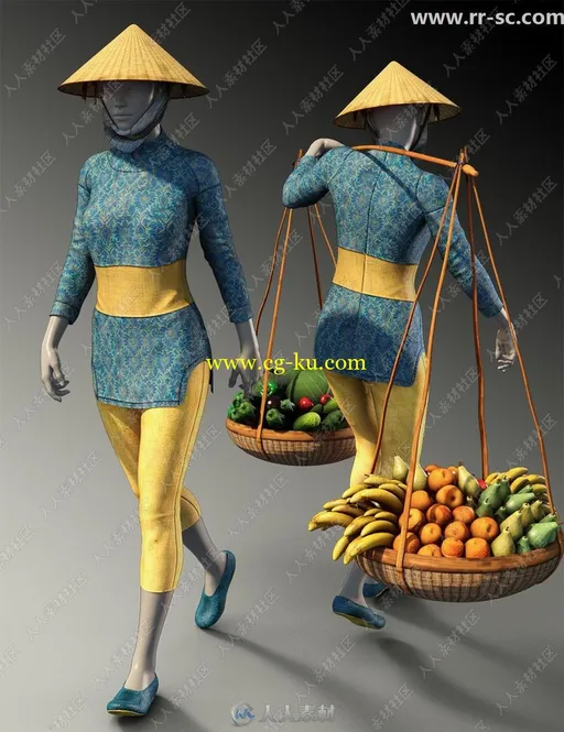 越南街头商贩水果蔬菜篮子与服装3D模型的图片2