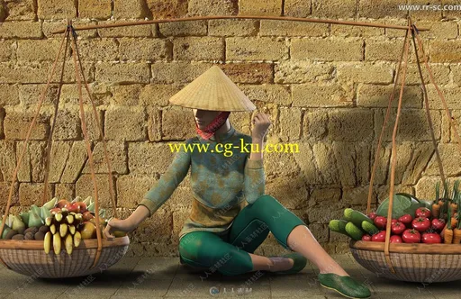 越南街头商贩水果蔬菜篮子与服装3D模型的图片3