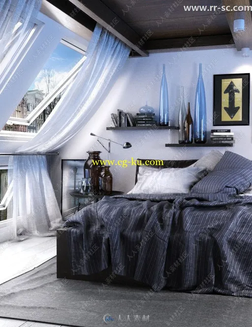 现代简约卧室家具盆栽渲染场景3D模型的图片1