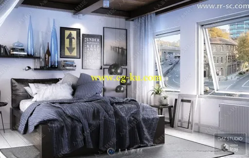现代简约卧室家具盆栽渲染场景3D模型的图片3