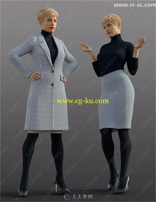 8种颜色女性大衣打底衫半身裙套装3D模型的图片1
