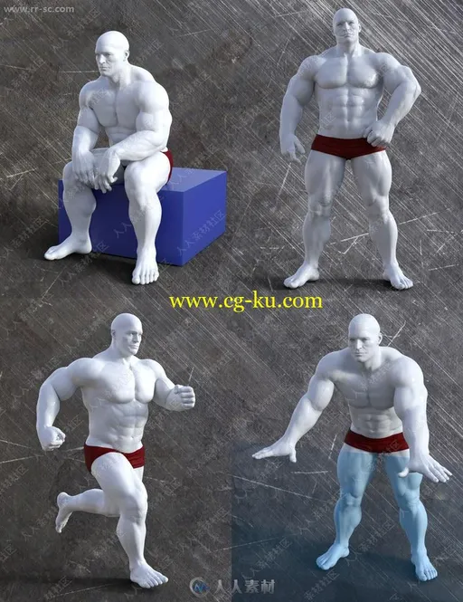 健壮厚实肌肉男性多组站立姿势造型3D模型的图片3
