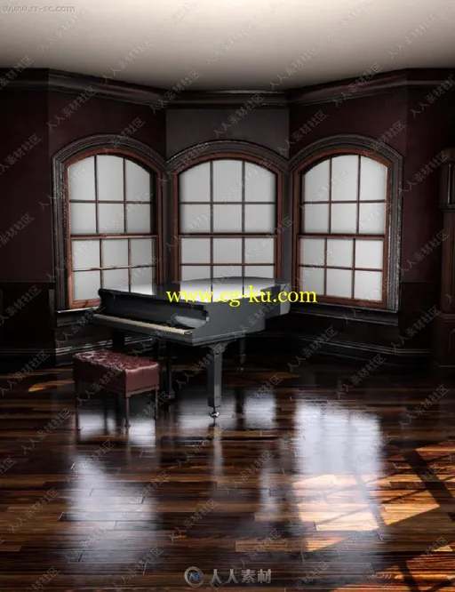 复古美式接待厅钢琴立钟陈设3D模型的图片1