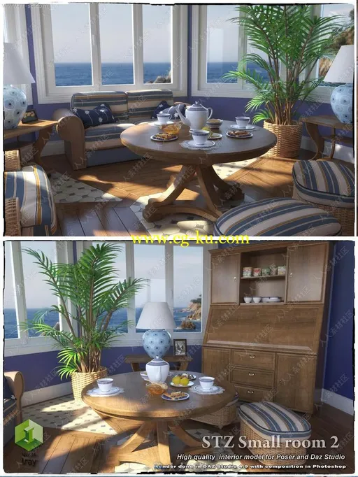 舒适海景房餐桌家具陈设及人物3D模型的图片1