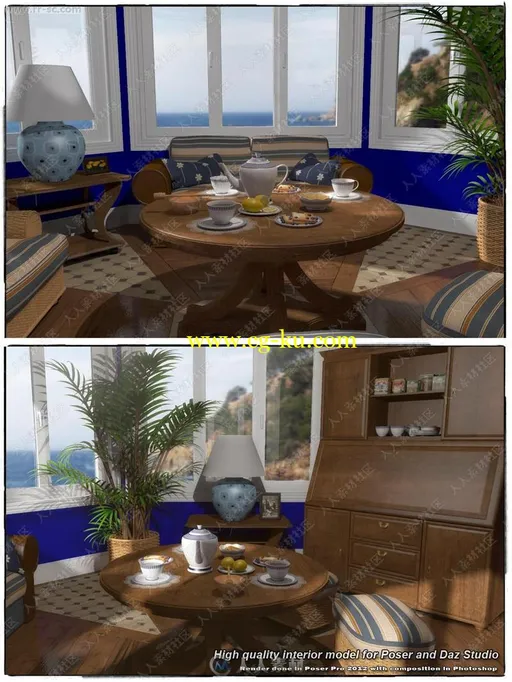 舒适海景房餐桌家具陈设及人物3D模型的图片2