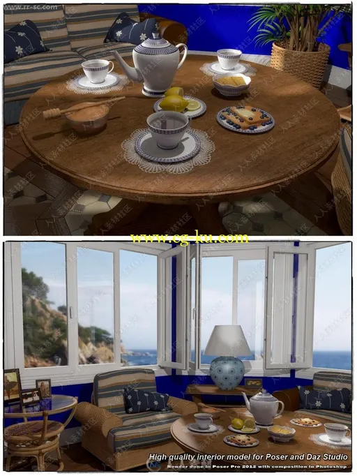 舒适海景房餐桌家具陈设及人物3D模型的图片3