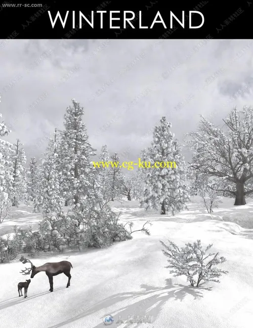 雪地景观雄伟云杉橡树和灌木3D模型的图片1