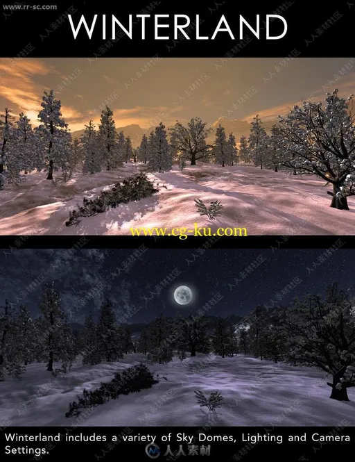 雪地景观雄伟云杉橡树和灌木3D模型的图片3
