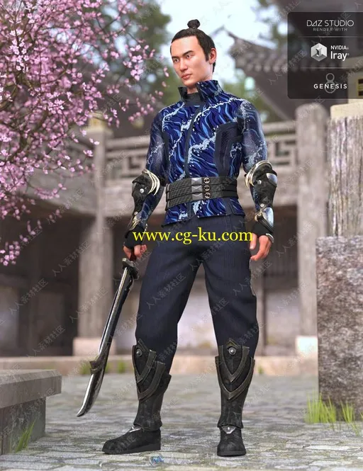 细致不同花色纹理东方男式战斗套装长刀3D模型的图片3
