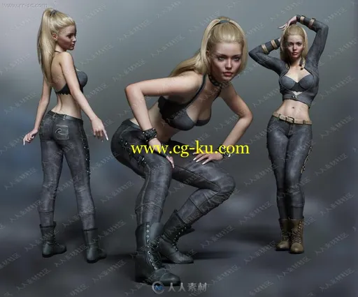 酷帅美丽特工女孩夹克短裤长裤服装枪支3D模型的图片2