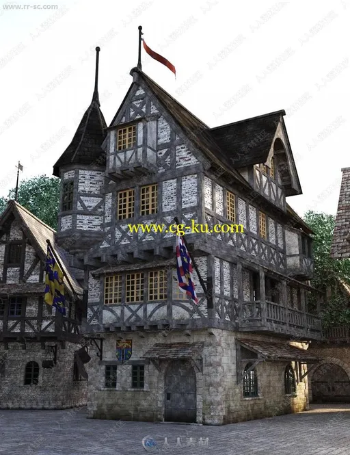 中世纪一层至三层小古堡建筑3D模型的图片1