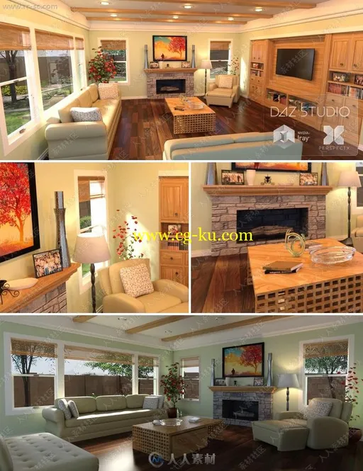 温馨暖色系家庭室内强光弱光环境3D模型的图片1
