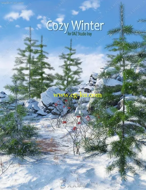 寒冬多组不同大小挂雪松树雪场景3D模型的图片1