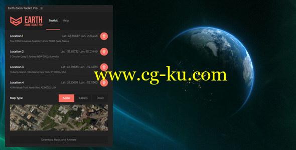 AE脚本：地球俯冲推拉聚焦地点动画 Earth Zoom Toolkit Pro的图片1