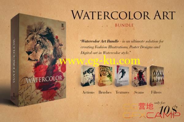 PS水墨水彩笔刷动作PSD素材 Creativemarket Watercolor Art Bundle的图片1