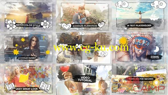 AE模板-水彩卡通儿童可爱涂鸦照片展示工具包 VideoHive Watercolor & Doodles SlideShow的图片1