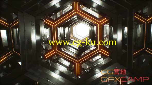 高科技抽象管道穿梭高清视频素材 Orange Infinite Hexagon Loop的图片1