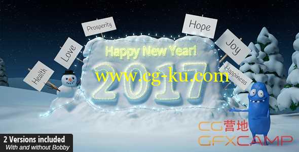 AE模板-卡通粘土小人雪地烟花新年Logo展示 New Year的图片1