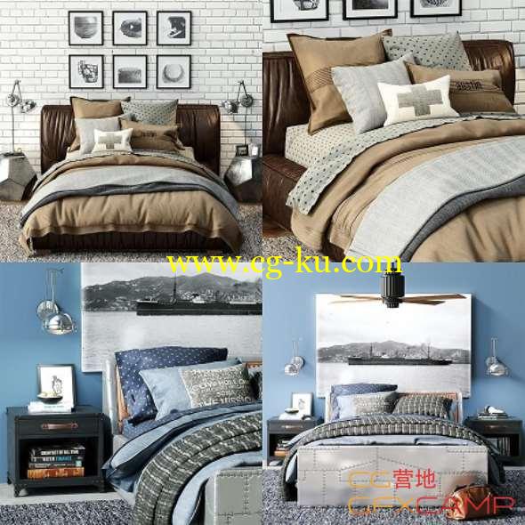 室内床铺场景3D模型 3DSKY – Sona upholstered platform BED + Aviator storage BED的图片1