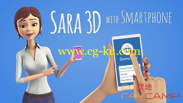 AE模板-三维女性角色手持手机展示动画 Sara 3D Character with Smartphone - Female Presenter for Mobile App的图片1