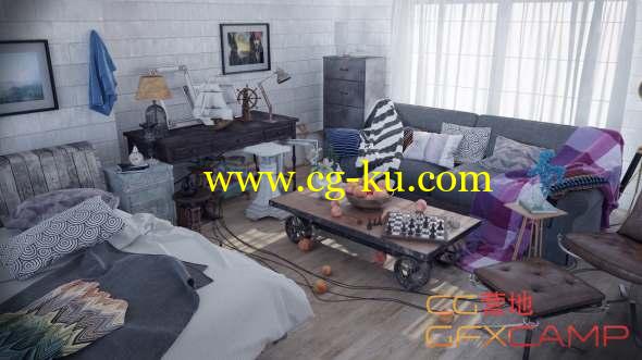 C4D室内场景Vray渲染教程 MographPlus - Realistic Interior Visualization in VrayForC4d , Industrial Style Room的图片1