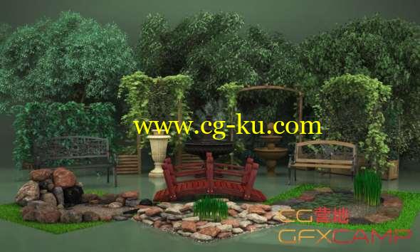 花园喷泉植物椅子3D模型 Evermotion - Archmodels vol.105 (C4D/MAX/FBX/OBJ/3DS等格式)的图片1