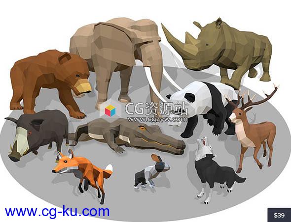 熊猫/犀牛/大象低多边形卡通动物模型动画合集 – 01的图片1